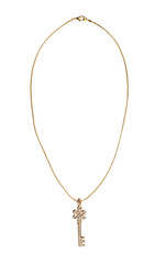 Jewelry pendant in the form of a key on a gold chain on a transparent isolated background
