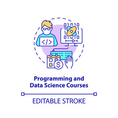 Programming and data science courses concept icon. Online education idea abstract idea thin line illustration. Isolated outline drawing. Editable stroke. Arial, Myriad Pro-Bold fonts used