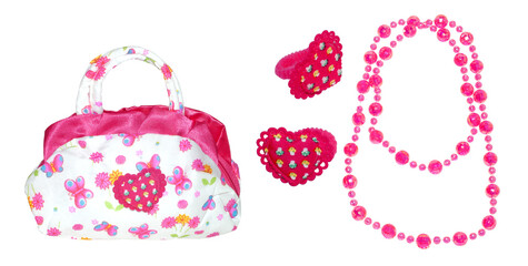 Baby bag, hair bands and beads on a white isolated background. Children's set for girls with butterflies and flowers