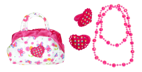 Baby bag, hair bands and beads on a white isolated background. Children's set for girls with butterflies and flowers