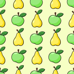 Apples and pears vector seamless pattern. Green and yellow vector elements on pale background. Best for textile, wallpapers, home decoration, wrapping paper, package and web design.
