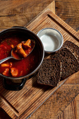 Ukrainian borscht with chanterelle mushrooms