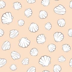 Seashells vector seamless pattern. Hand drawn vector elements on pastel background. Best for textile, wallpapers, home decoration, wrapping paper, package and web design.