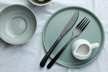 Stylish empty dishware and cutlery on table, flat lay - obrazy, fototapety, plakaty
