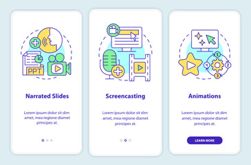 Online video methods onboarding mobile app screen. Walkthrough 3 steps editable graphic instructions with linear concepts. UI, UX, GUI template. Myriad Pro-Bold, Regular fonts used