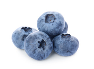 Pile of tasty fresh ripe blueberries on white background