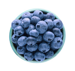 Tasty fresh ripe blueberries in bowl on white background, top view