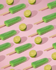 Pattern with ice cream on stick and half of green lime. Summer hot days aesthetic. Healthy lifestyle diet trend. Fruit vibrant design