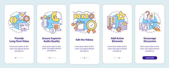 Elearning video tips onboarding mobile app screen. Walkthrough 5 steps editable graphic instructions with linear concepts. UI, UX, GUI template. Myriad Pro-Bold, Regular fonts used