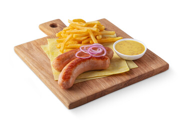 Fried sausages with french fries, onions, lavash and sauce