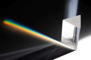 Triangular Prism dispersing sun beam splitting into a spectrum on white background