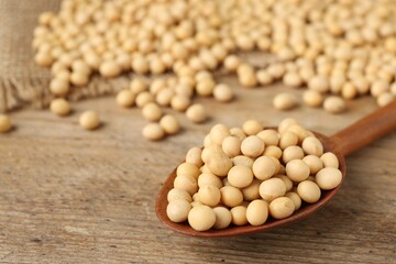 Natural soy beans on wooden table, closeup. Space for text
