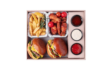 Set with beer snacks and burgers