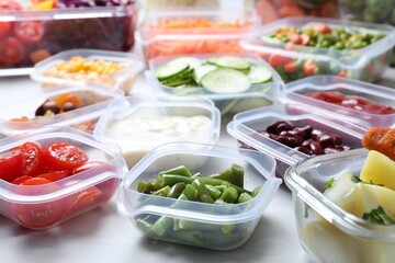 Set of containers with fresh food on white table