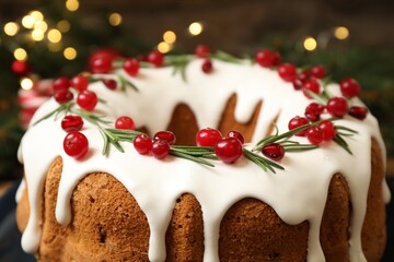 Closeup view of traditional homemade Christmas cake