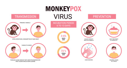 Monkey pox outbreak. Infographics of virus transmission AND prevention. Vector illustration for informing people about an infectious disease.