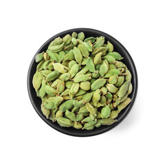 Ceramic bowl with dry cardamom seeds isolated on white, top view