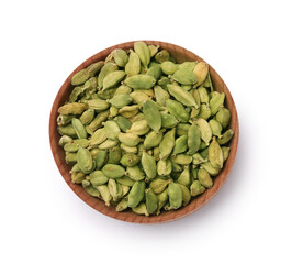 Wooden bowl with cardamom pods isolated on white, top view