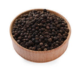 Wooden bowl of black peppercorns on white background