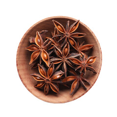 Aromatic anise stars in wooden bowl isolated on white, top view