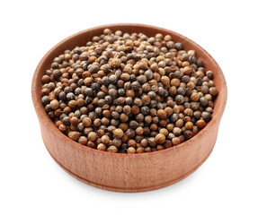 Wooden bowl of coriander grains on white background