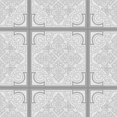 Arabic Seamless pattern tile with Victorian floral motives. abstract vector Majolica pottery tile, black and white azulejo, original traditional gray tone Portuguese and Spain decor.