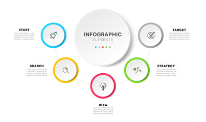 Timeline circle infographic design with 5 options or steps. Infographics for business concept. Used for presentations workflow layout, banner, process, diagram, flow chart, info graph, annual report.