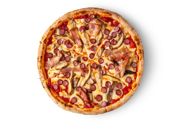Pizza with bacon, cheese, ketchup, ham and sausages