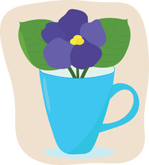 Bright composition purple flower with leaves in a blue glass. For open and notebooks, notepads. Summer mood. Vector. Flat style.