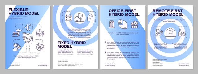 Models of hybrid work blue brochure template. Scheduling. Leaflet design with linear icons. Editable 4 vector layouts for presentation, annual reports. Arial, Myriad Pro-Regular fonts used - obrazy, fototapety, plakaty