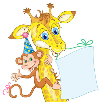 Funny monkey in a festive hat sits on the neck of a giraffe. Giraffe holds a banner with space for text. In cartoon style. Isolated on  white background. Template for congratulations