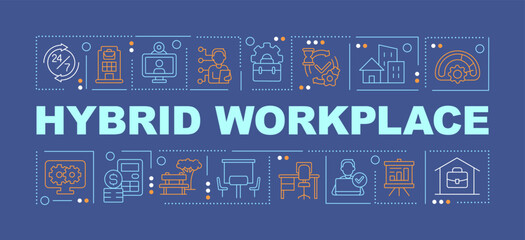Hybrid workplace word concepts dark blue banner. Corporate culture. Infographics with editable icons on color background. Isolated typography. Vector illustration with text. Arial-Black font used - obrazy, fototapety, plakaty