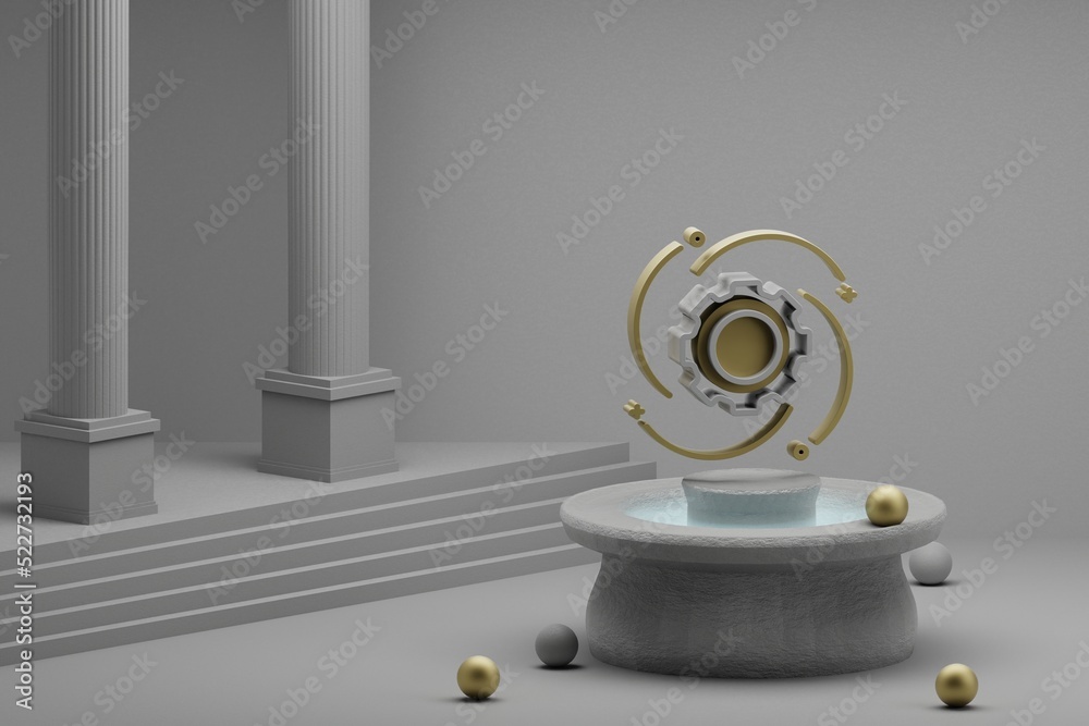 Poster Beautiful abstract illustrations Gear symbol icon on a fountain and column background. 3d rendering illustration.