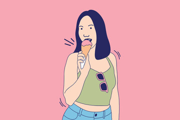 Illustrations Beautiful young woman eating strawberry ice cream at summer