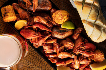 Boiled crayfish with corn, fried potatoes, lemons, shrimps, lime and pork ribs