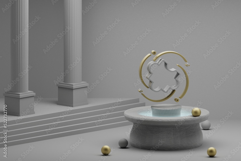 Poster Beautiful abstract illustrations Puzzle symbol icon on a fountain and column background. 3d rendering illustration.