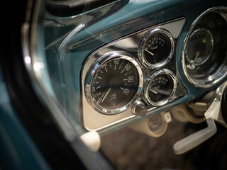 Fototapeta Dashboard and steering wheel of old-timer car
 obraz