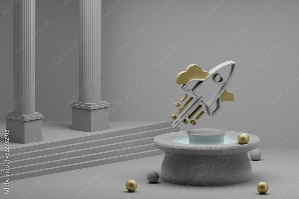 Poster Beautiful abstract illustrations Rocket symbol icon on a fountain and column background. 3d rendering illustration.