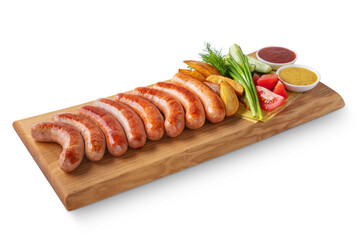 Fried sausages with fried potatoes, parsley, onions, tomatoes, cucumbers, lavash and sauces