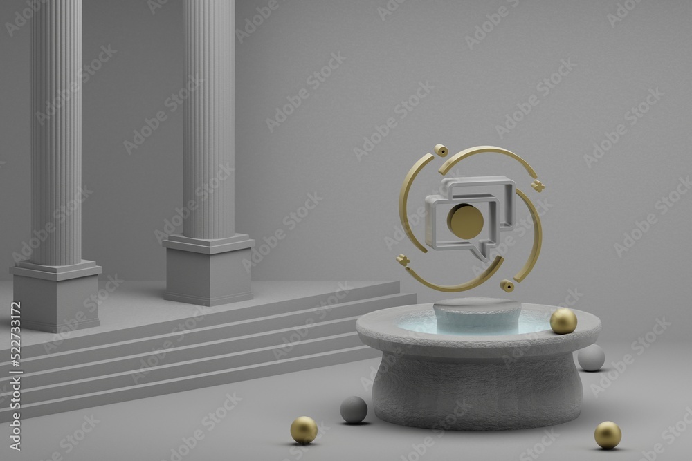 Poster Beautiful abstract illustrations Speech Bubble symbol icon on a fountain and column background. 3d rendering illustration.