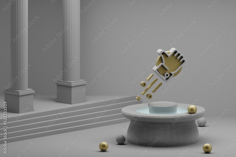 Poster Beautiful abstract illustrations Thumbs Up symbol icon on a fountain and column background. 3d rendering illustration.