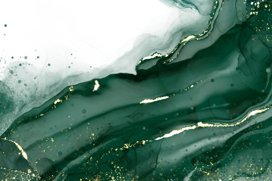 Pastel cyan mint liquid marble watercolor background with gold lines and brush stains. Teal turquoise marbled alcohol ink drawing effect. Vector illustration backdrop, watercolour wedding invitation.