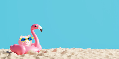 Travel savings concept design of piggy bank with sunglasses and inflatable flamingo on the sand beach Tropical summer 3D render - 522733942
