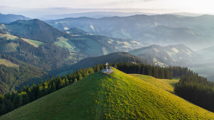 Aerial view of the summit Plankogel in the Almenland area in Styria, Austria
