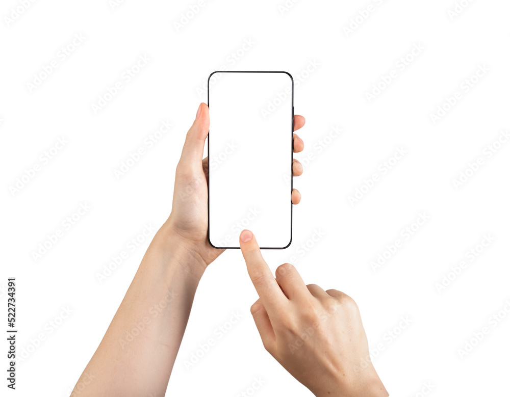 Poster Forefinger tapping home button on phone mockup isolated on white background. Android template with blank display. High quality photo