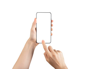 Forefinger tapping home button on phone mockup isolated on white background. Android template with...
