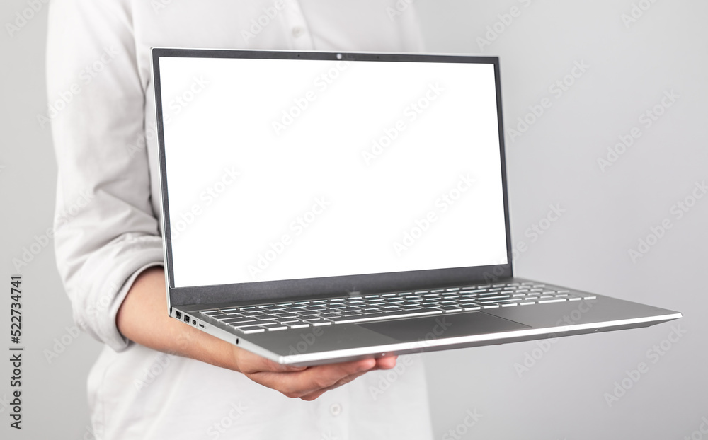 Poster hands holding laptop mockup. person showing presentation at business meeting. using computer technol