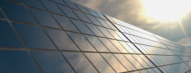 Fototapeta Solar panel background. Sun Above the Solar Farm. 3d rendering obraz