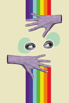 Vertical collage illustration of human eyes arms black white effect painted rainbow isolated on creative drawing background