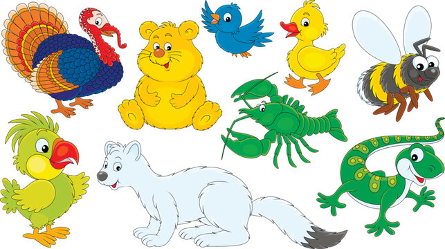 Vector cartoon set of a turkey, hamster, parrot, sparrow, duckling, crawfish, humblebee, lizard and ermine
